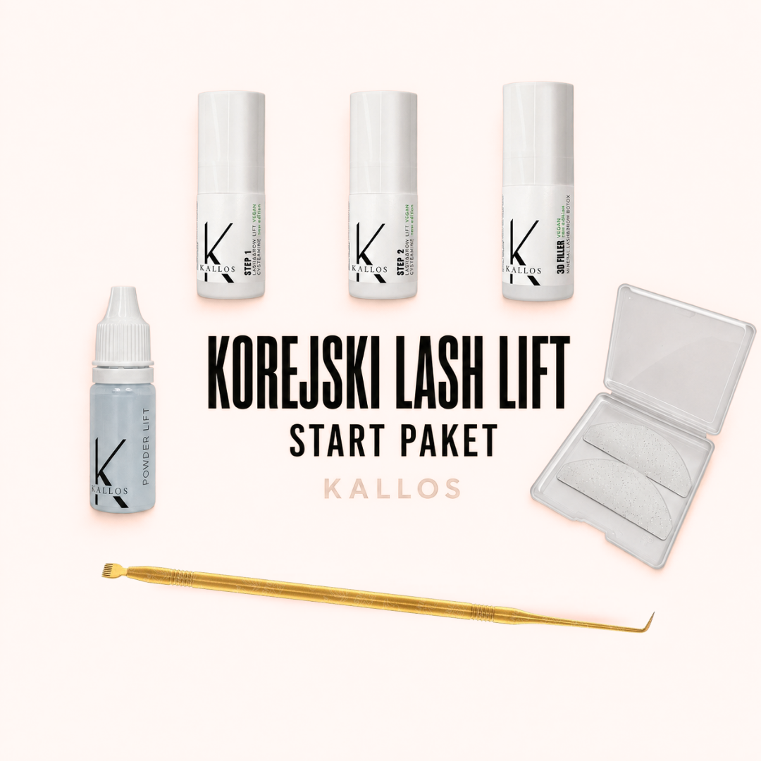 Vsebina KALLOS seta za korejski lash lift s fazami 1 in 2, 3D Fillerjem ter Powder Lift pudrom, silikoni in aplikatorjem. 