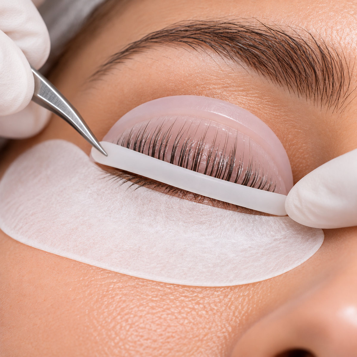 Prikaz uporabe belih Super Soft silikonskih trakov pri lash lift postopku za pritrditev naravnih trepalnic na silikonsko blazinico.